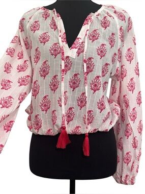 Roller Rabbit x Target Peasant Blouse White Pink Tassel Boho Cottagecore Size S